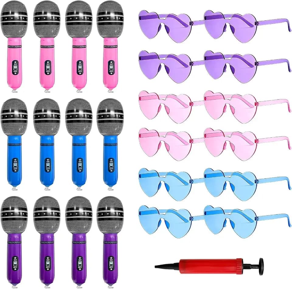 25 Pcs Kpop Party Supplies – 12 Inflatable Microphones & 12 Rimless Heart Sunglasses with Air Pump – Karaoke, 90s Disco, Rock & Roll, Bachelorette Party Supplies
