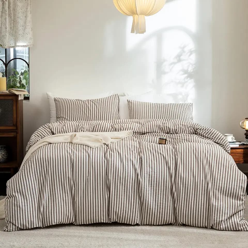 FOSSA Striped Duvet Cover Set 100% Washed Cotton Linen Feel Queen