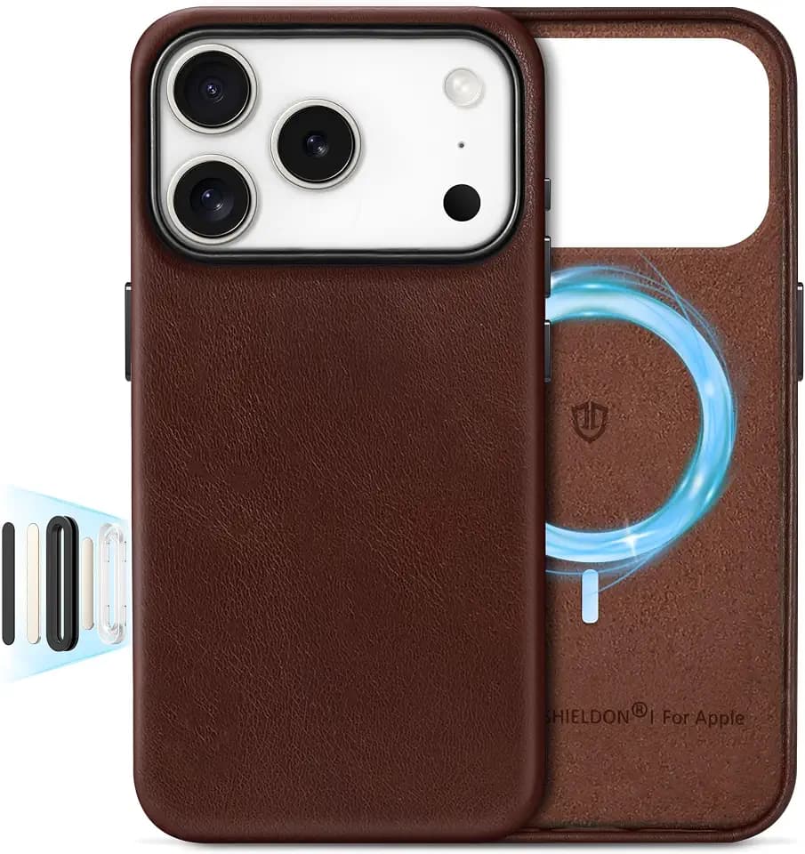 SHIELDON Lederhülle für iPhone 18 Pro/iPhone 17 Pro 6,3", Retro Kaffee | Kompatibel mit MagSafe, Echtleder, Metallknöpfe, Kamerasteuerung, Magnet Kabelloses Laden, Kratzfeste, Dünne Handyhülle