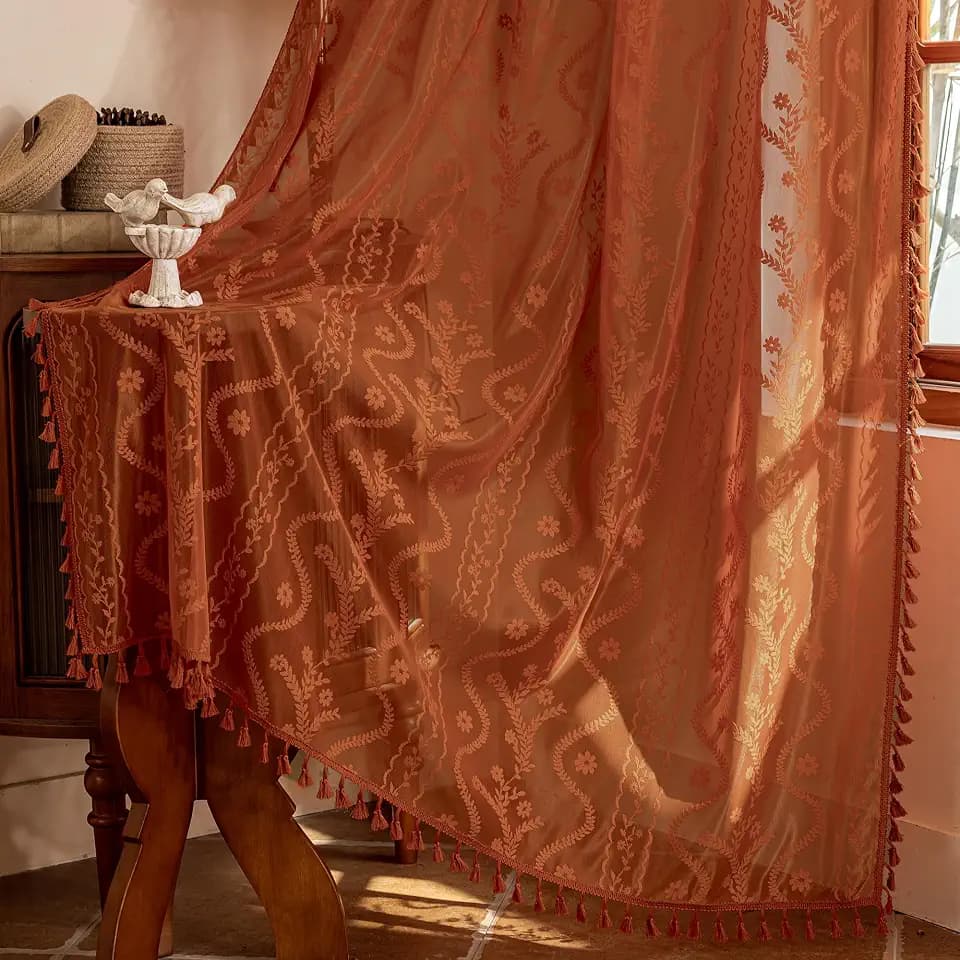 WAZZIO Boho Lace Curtains 63 Inch 2 Panels-Vintage Sheer Panel Drape Floral Pattern & Tassel Light Filtering Privacy for Bedroom Dining Living Room,Cottage Earthy Full Decor Terracotta,W52 x 63L