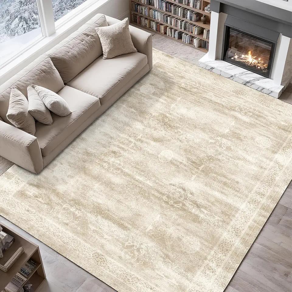 Vintage Pattern 6x9 Area Rug, Washable Rugs for Living Room, Bedroom, Low Pile Non-Slip Carpet, Soft Durable Indoor Rug for Under Coffee Table, Dining Area, Dorm, Home Office Decor, Beige