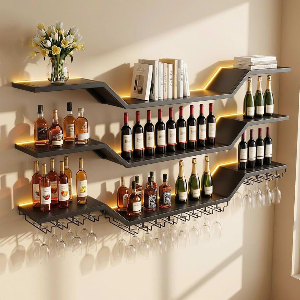 39.4in Wall Mounted Wine Rack with LED & Glass Holder, Metal 3-Tier
