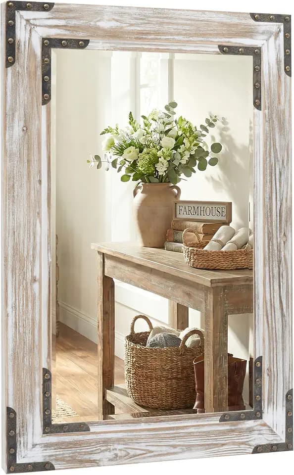 Distressed White 24x36 Inch Wood Bathroom Vanity Mirror, Rivets