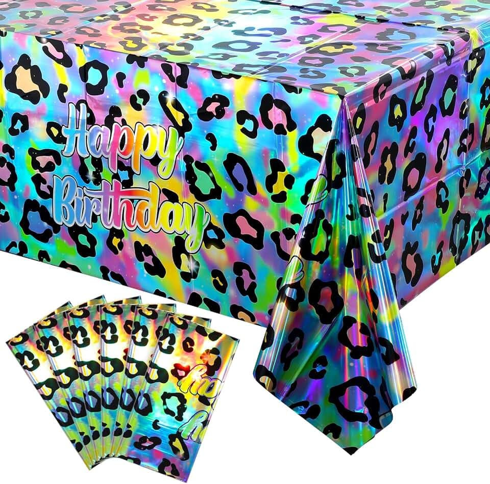 6 Pack Iridescent Cheetah Print Birthday Plastic Tablecloth 54X108 Inch