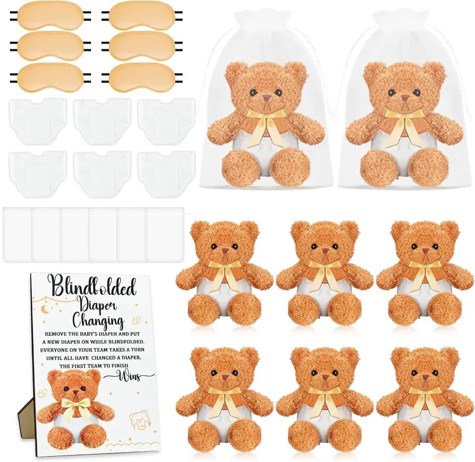 25 Pack Baby Shower Games Blindfold Diaper Changing Kit - 12 Inch Bear Dolls with Diapers, Fun Bridal Shower & Gender Reveal Games Supplies, Group Activity for Adults Kids(Gold)