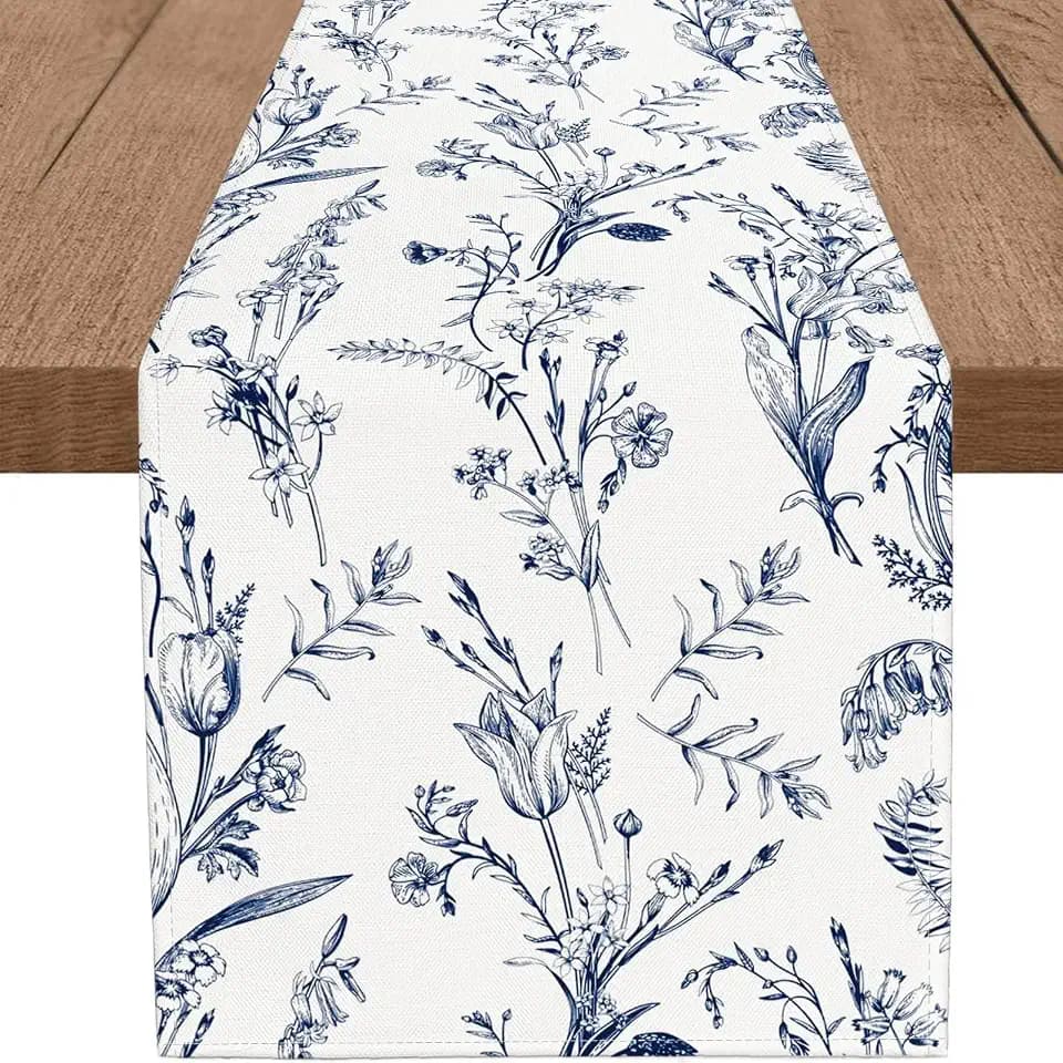 PROCIDA Navy Blue Floral Table Runner Summer Wildflower Runner for Table Small Seasonal Spring Coffee Table Center Decor for Home Holiday Party Indoor Outdoor 13x90 Inch