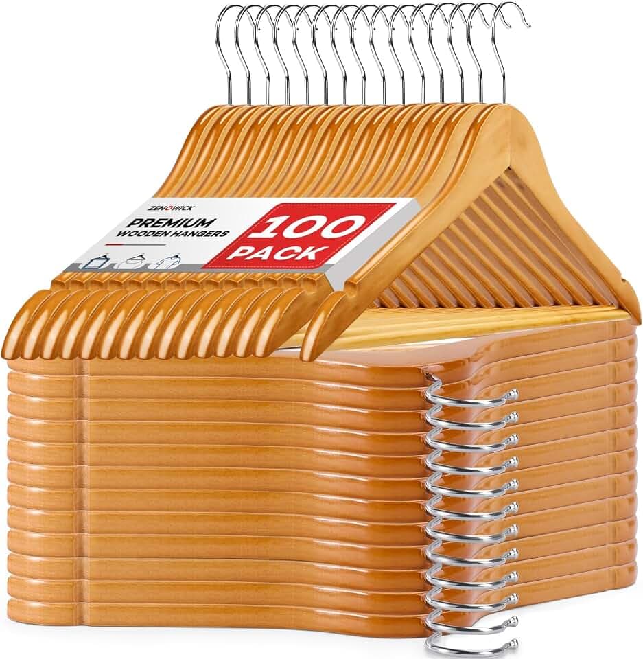 ZENOWICK Wooden Hangers 100 Pack, Heavy Duty Wood Hangers for Coats, Suits