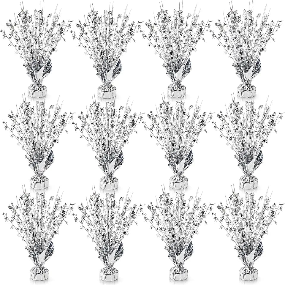 ZOOFOX 12 Pack Metallic Foil Spray Centerpiece, Glitter Silver Star Table Decoration, Burst Table Centerpieces for Birthday Wedding Anniversary Christmas Party Supplies Decor, Freestanding