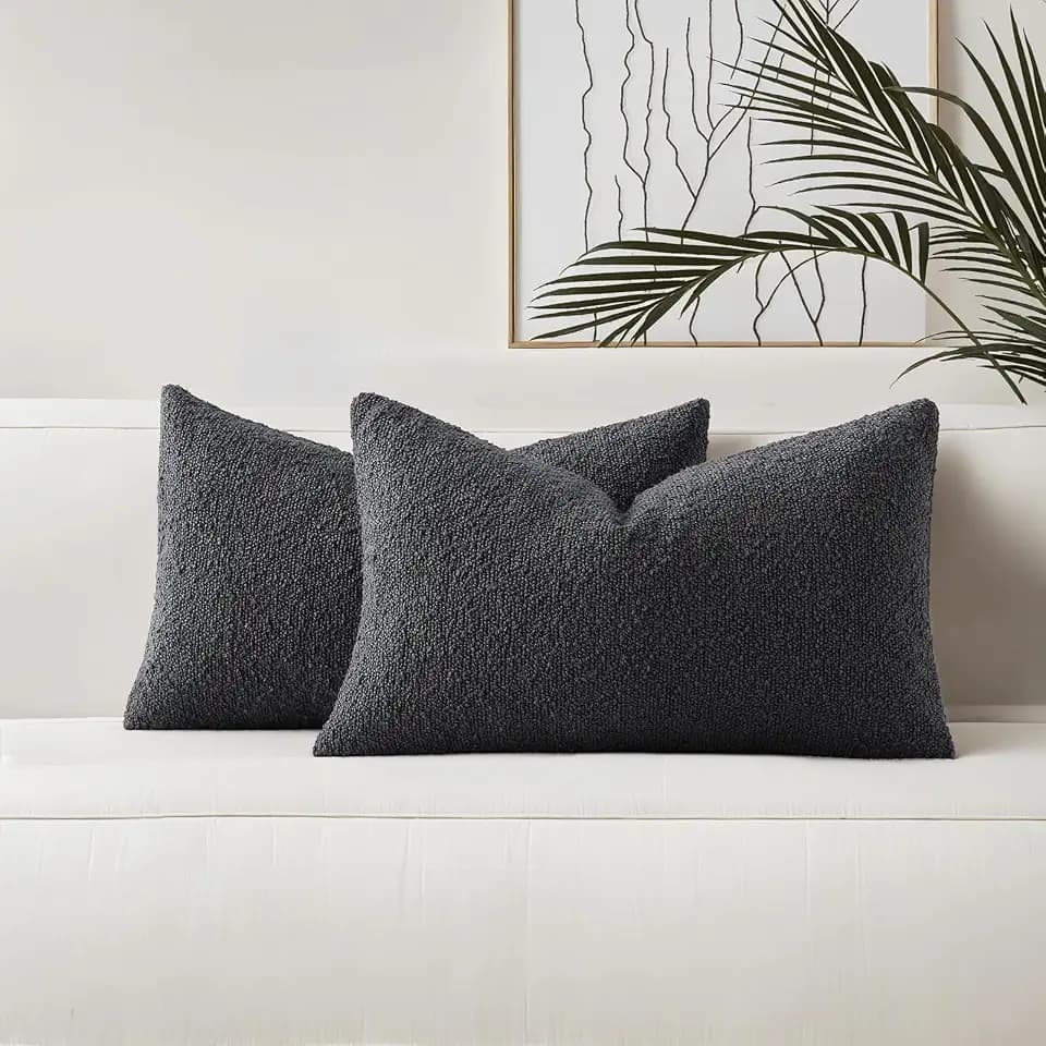 HAUSSY Pack of 2 Boucle Lumbar Throw Pillow Covers 12x20 Inch, Dark Grey