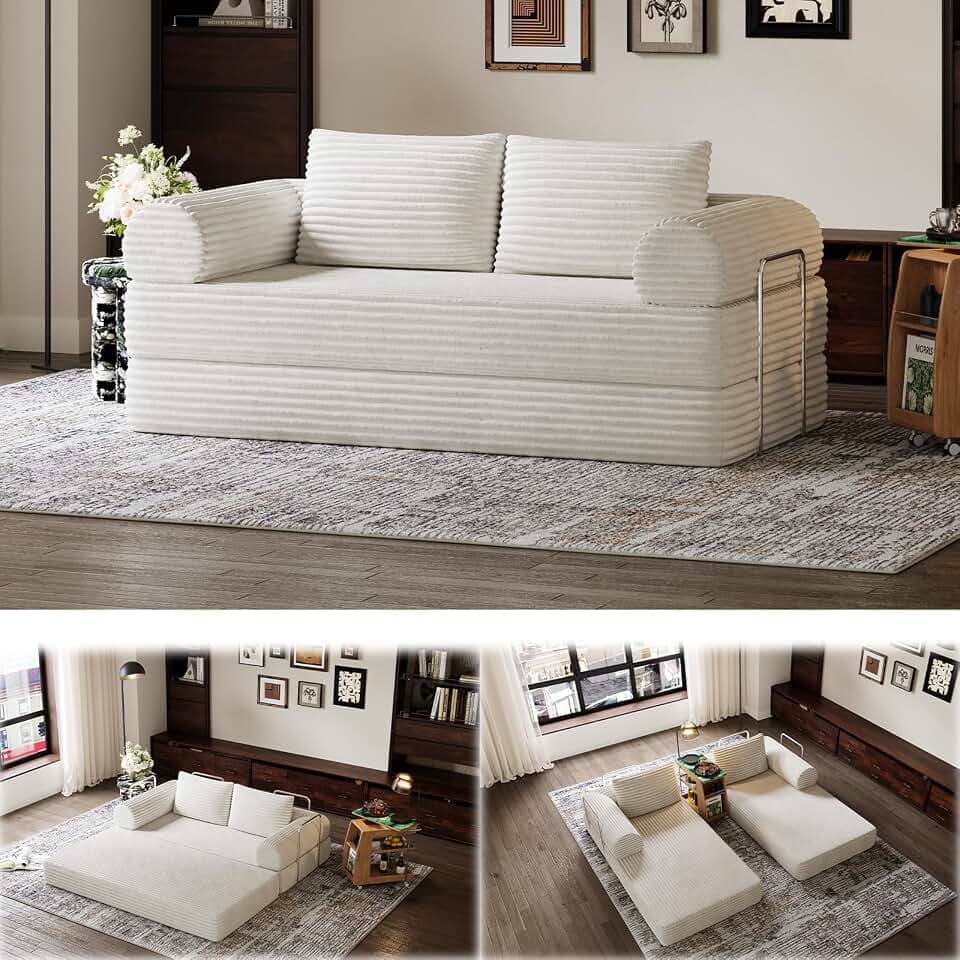 Novilla 75" Convertible Futon Sofa Bed, Boneless Couch with Smarts Coil® Support & High-Density Foam, No Assembly Corduroy Folding Loveseat Floor Sleeper for Living Room, Apartment, Bedroom, Beige