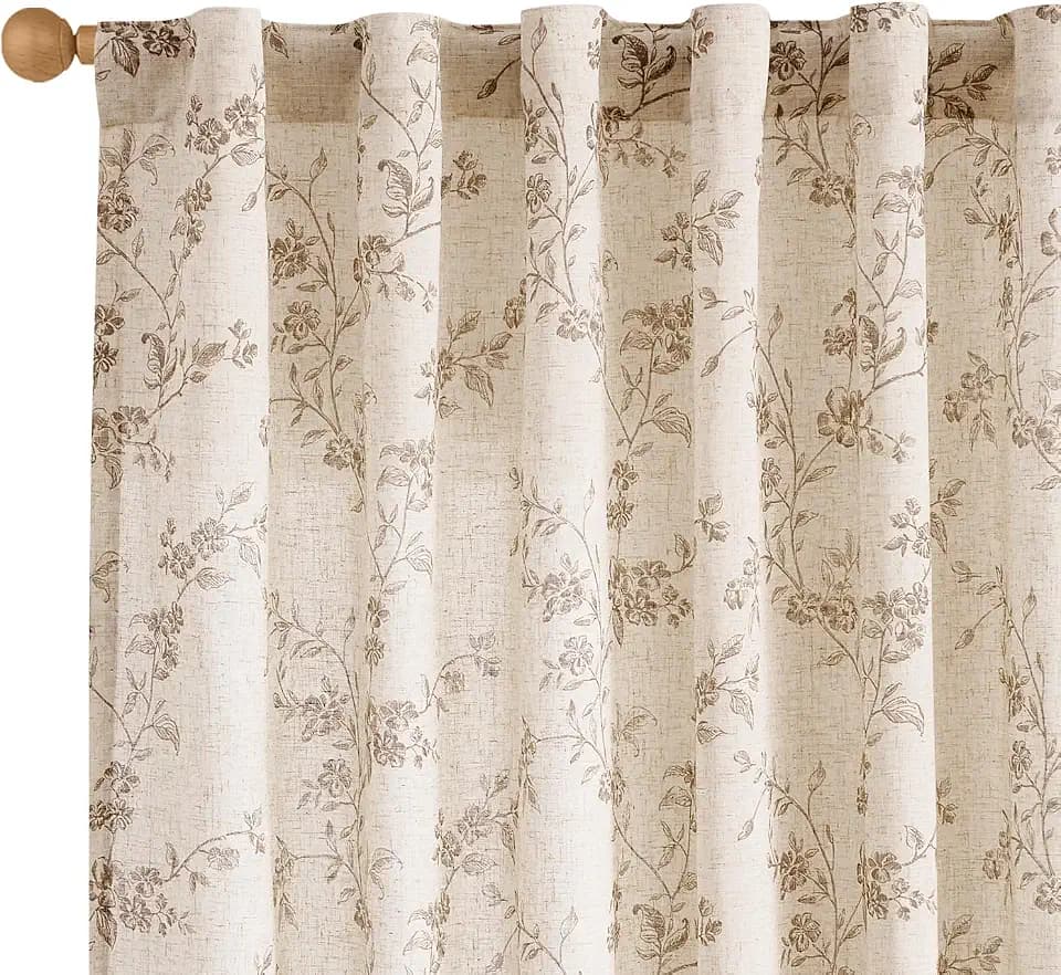 Lazzzy Taupe Vintage Floral Linen Curtains Farmhouse 50W X 63L 2 Panels