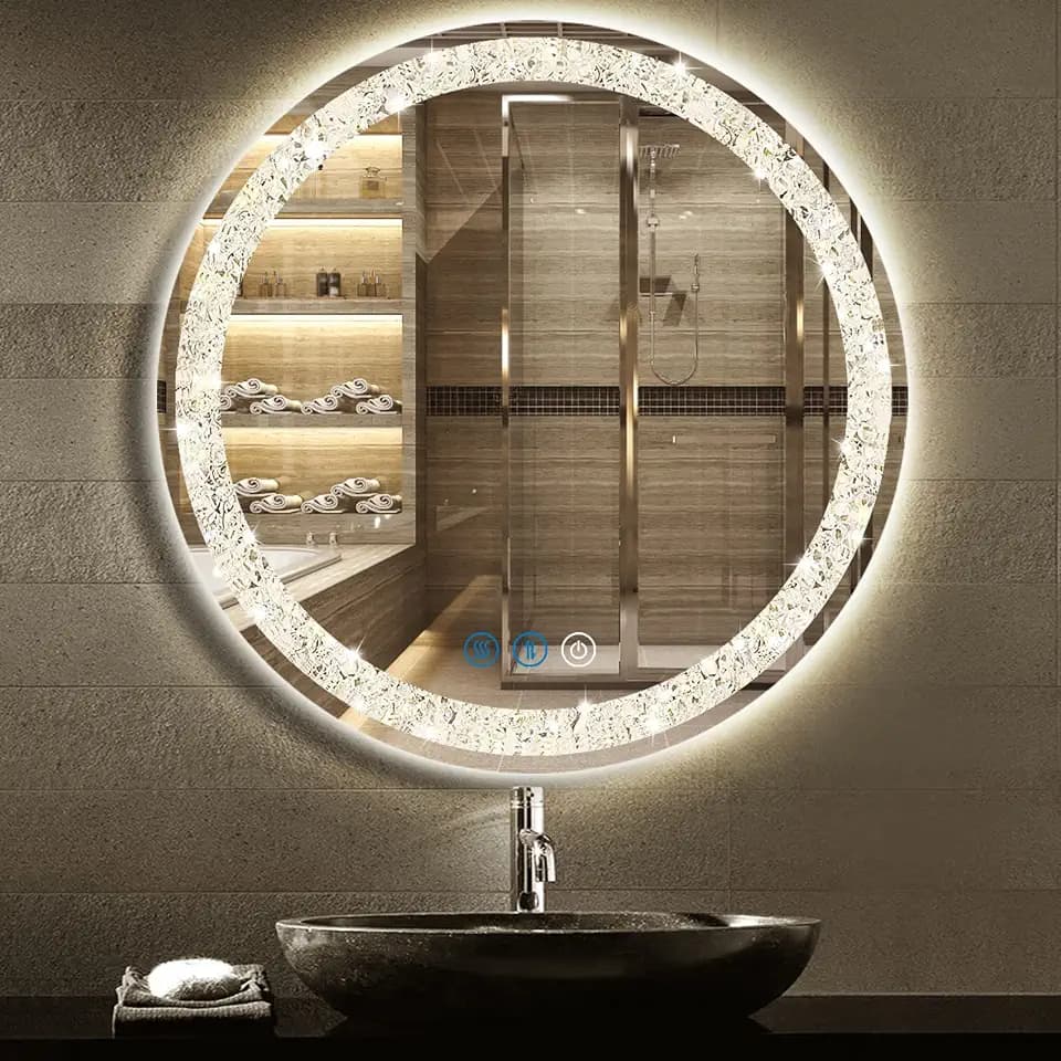 Crystal LED Round Mirror with Lights 3 Color Smart Memory Adjustable Brightness Frontlit AntiFog 20 Inch Diamond Crystal Circle Round Lighted Vanity Mirror for Bathroom Makeup Wall Mounted
