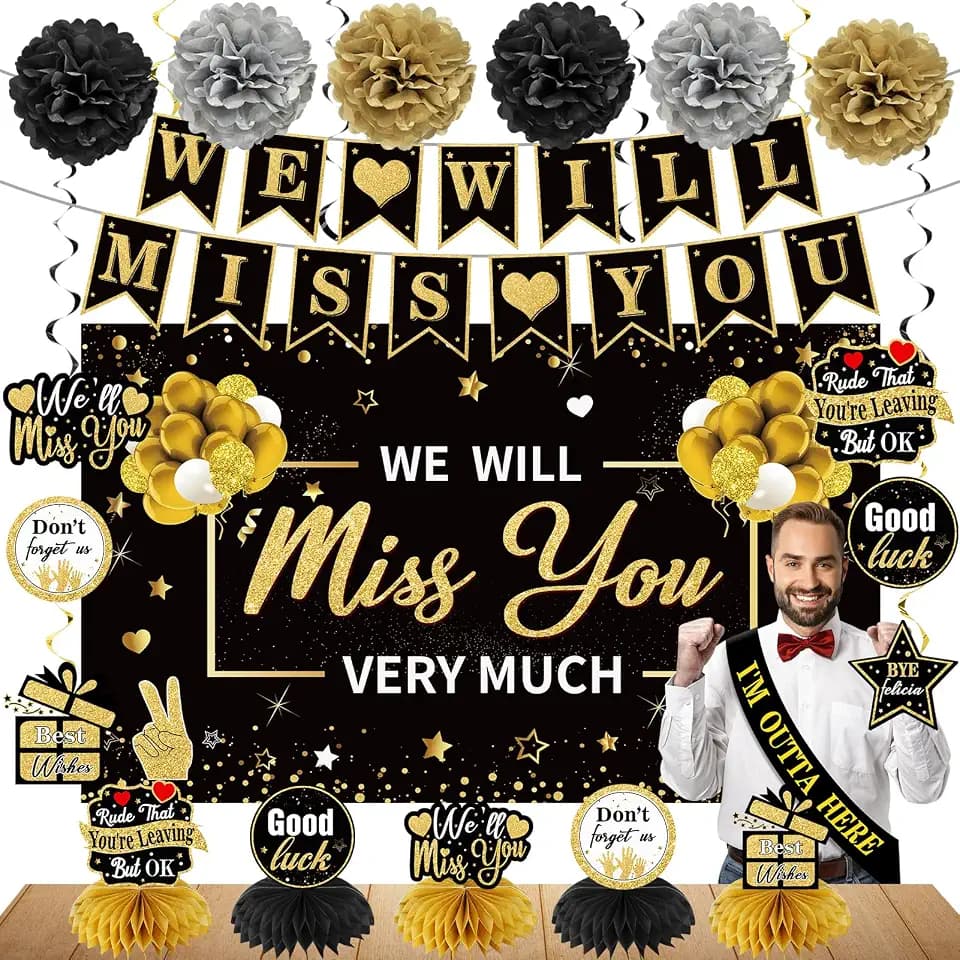 Turypaty We Will Miss You Retirement Going Away Decorations Kit Black Gold