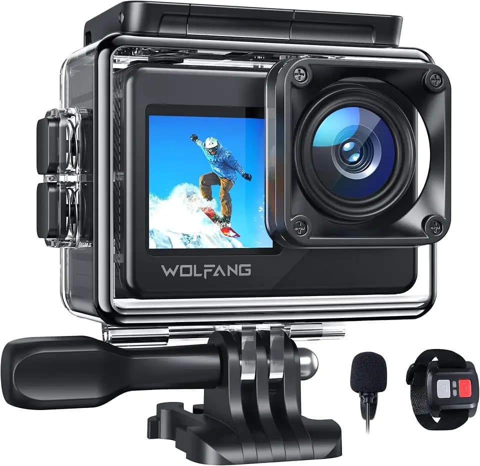 WOLFANG GA120 Action Cam 4K 20MP WiFi, Unterwasserkamera 40M Wasserdicht Kamera, 170° Weitwinkel Dual Screen Vlogging Kamera mit EIS Bildstabilisierung, Helmhalterung Zubehör Kits