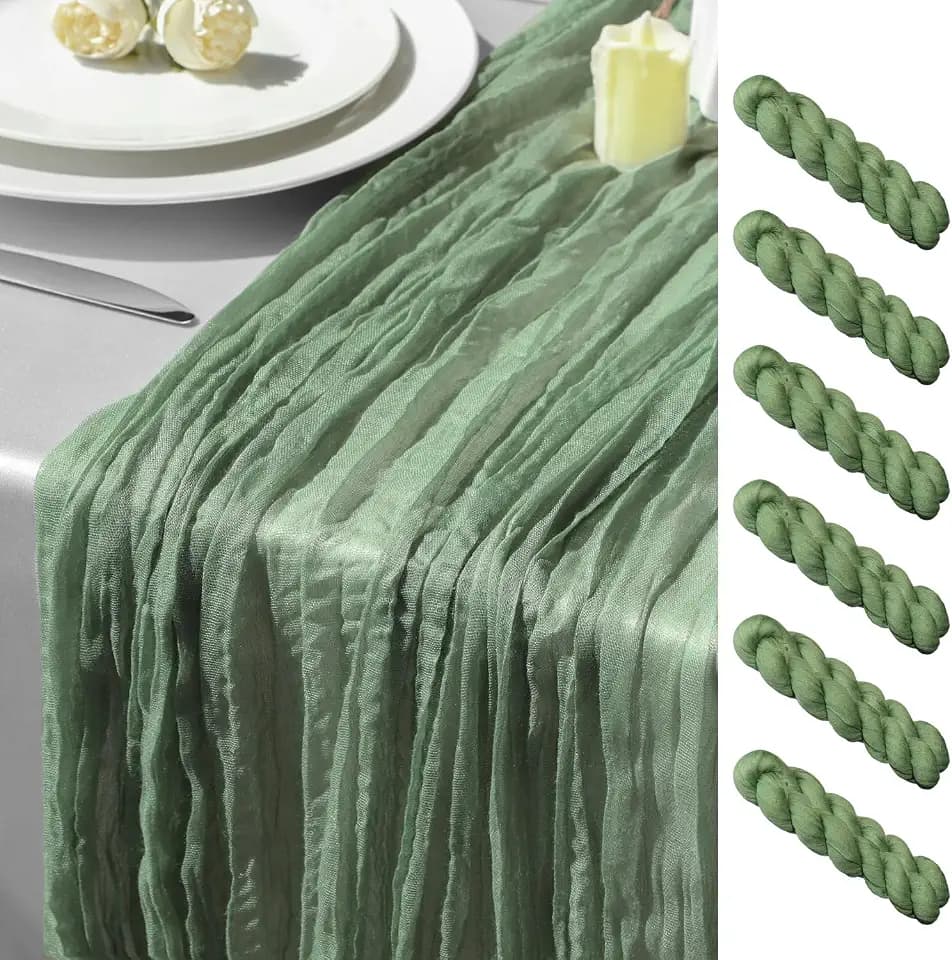 GARIG 6 Sage Green Table Runner for Summer, 10FT Boho Sheer Spring Gauze Cheesecloth Table Runner 35x120Inch for Mother's Day Wedding Party Baby Bridal Shower Birthday Home Decor