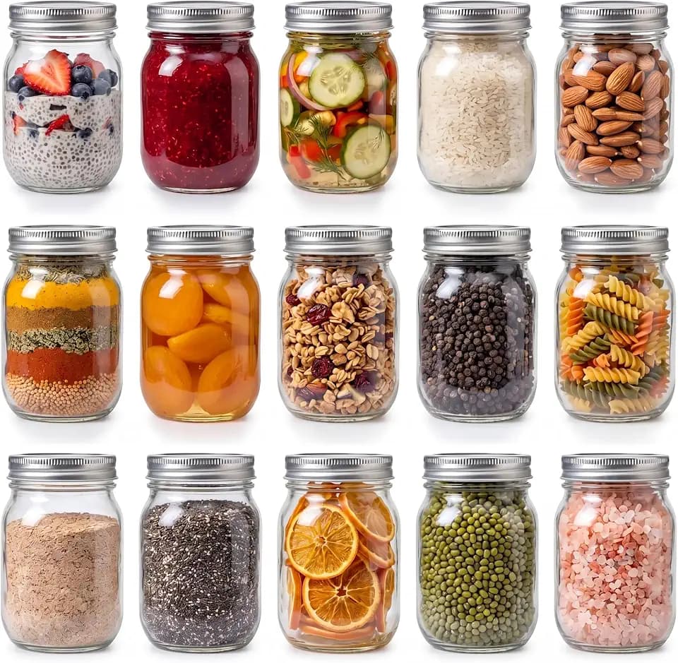 YINGERHUAN Glass Regular Mouth Mason Jars, 16 oz Clear Glass Jars with Silver Metal Lids for Sealing, Canning Jars for Food Storage, Overnight Oats, Dry Food, Snacks, Candies, DIY Projects (15PACK)