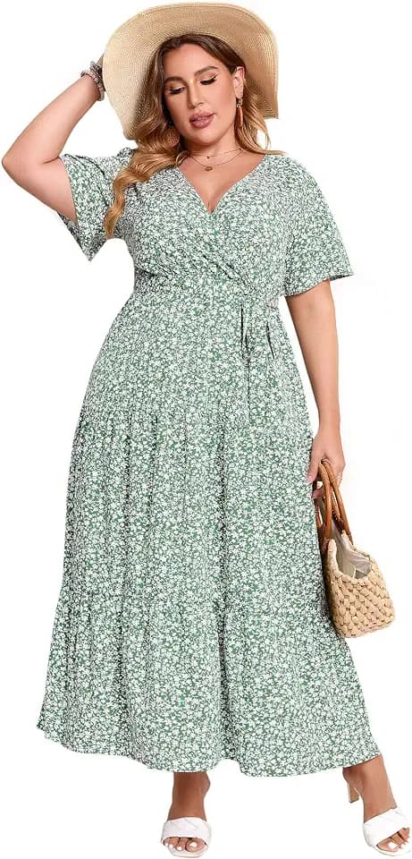KOJOOIN Women Plus Size V Neck Wrap Maxi Dress Short Sleeves High Waist Ruffle Summer Casual Dress with Belt