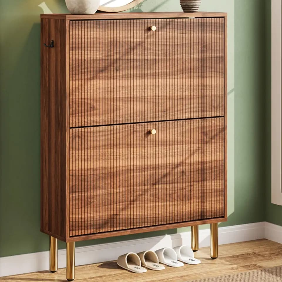 Nicetree Shoe Storage Cabinet for Entryway - 2 Flip Drawers Shoe Cabinet with Tiered Fluted Design - Slim Shoe Storage Rack with Gold Legs - Narrow Shoe Cabinet Hidden Shoe Organizer for Small Spaces