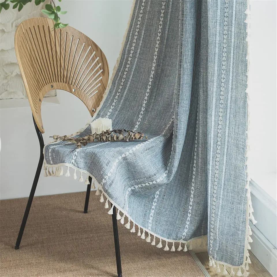 Sutuo Home Boho Curtains Striped Embroidery for Bedroom Living Room Patio, Semi-Blackout Linen French Country Vintage Chic Tassels Hollow Window Treatment Bohemian Drape, 1 Panel 52" W x 108" L, Blue