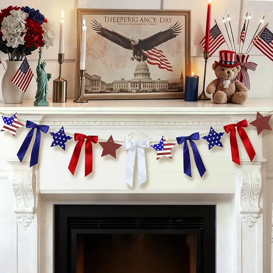 4th of July Garland Decorations,Red White and Blue Bow & Wooden Star Beads