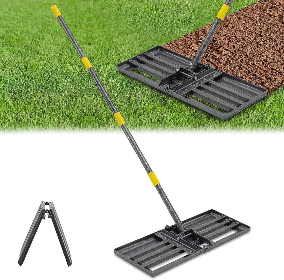 Lawn Leveling Rake, Heavy Duty 30"x10" Foldable Leveler Plate, 6FT Adjustable Stainless Steel Leveling Rake, Reinforced Welds Level rake for Soil, Dirt, Ground, Yard, Top Dressing, Landscaping