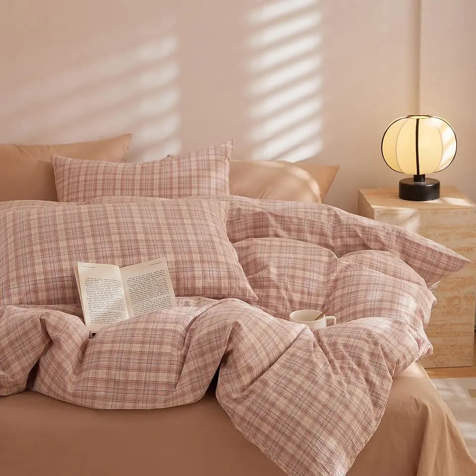 EAVD Vintage Pink Gingham Duvet Cover Queen 3-Piece Grid Plaid Bedding Set