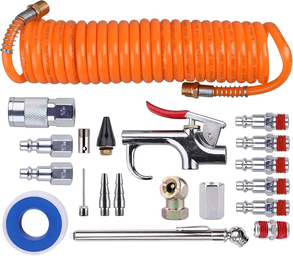 1/4 Inch NPT Air Accessory Kit - 20 Piece, Air Compressor Hose Tool Kit with Coil PU Hose/Blow Gun/Tire Gauge/Storage Case