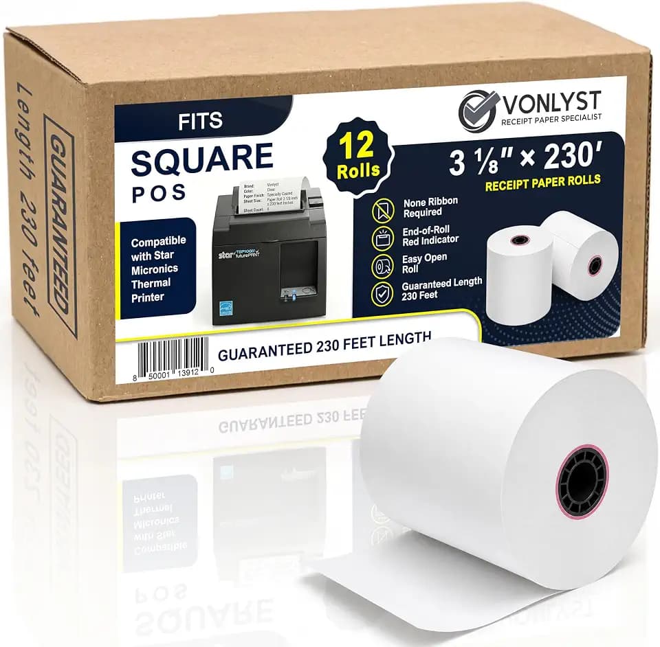 Receipt Paper Roll 3 1/8 x 230 for Square Register and Square POS System connected to Star Micronics Thermal Printer (Pack 12 rolls)