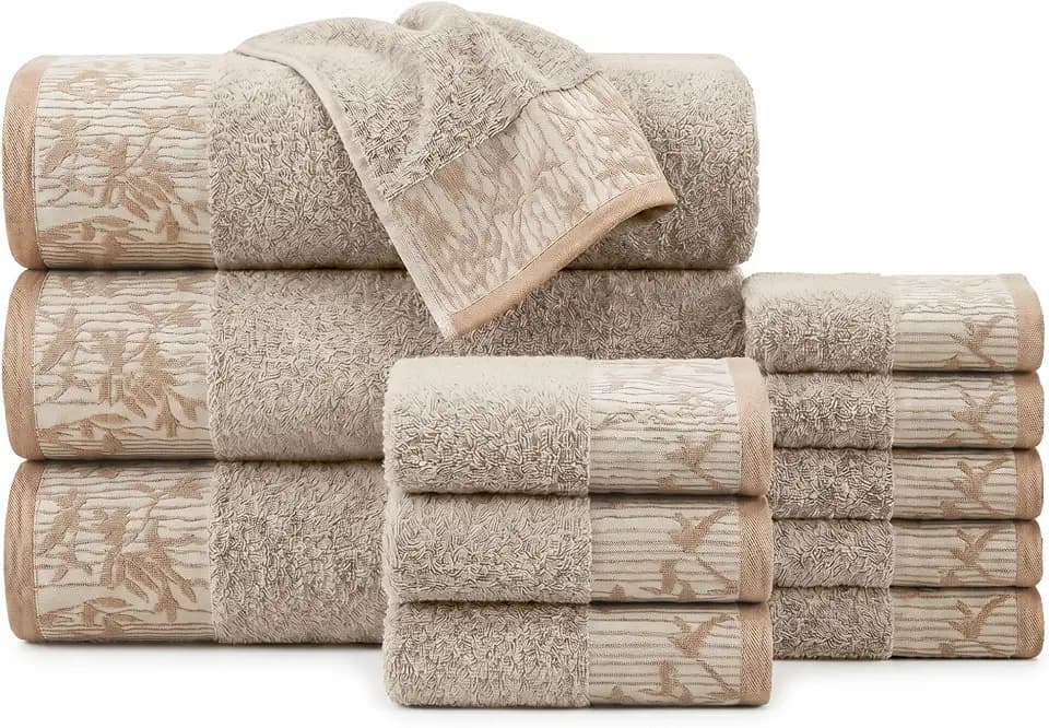 Superior Floral Jaquard Cotton Bathroom Towels, 12pc Towel Set Frappe Brown