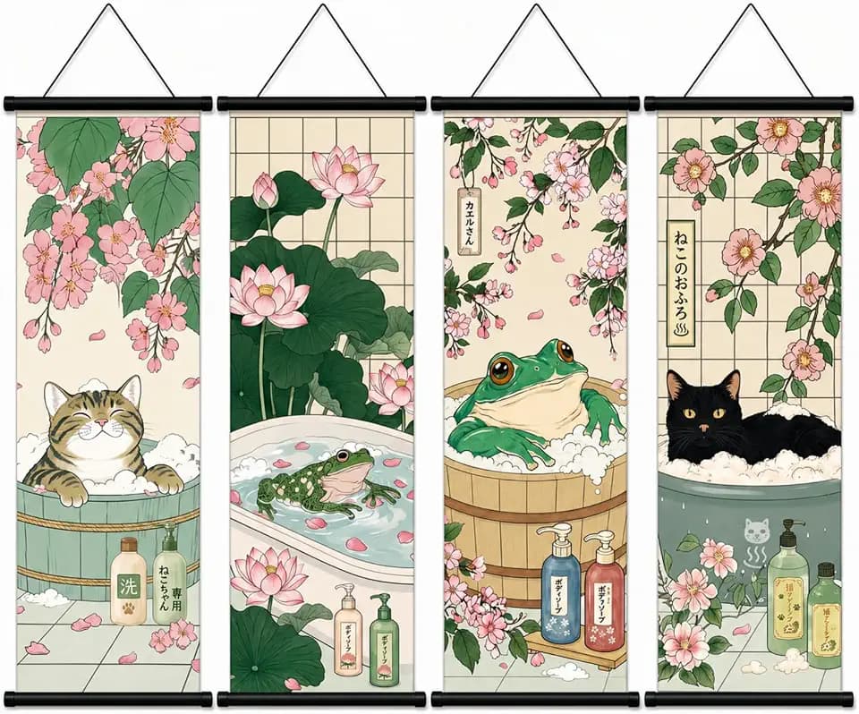 Geosar 4 Pcs Japanese Bathroom Wall Art Hanging Poster with Frames Cats Frogs Traditional Art for Minimalist Zen Painting Home and Spa Wall Bedroom Office Decoration, 12 x 31.5 Inches x 4 Pcs Set