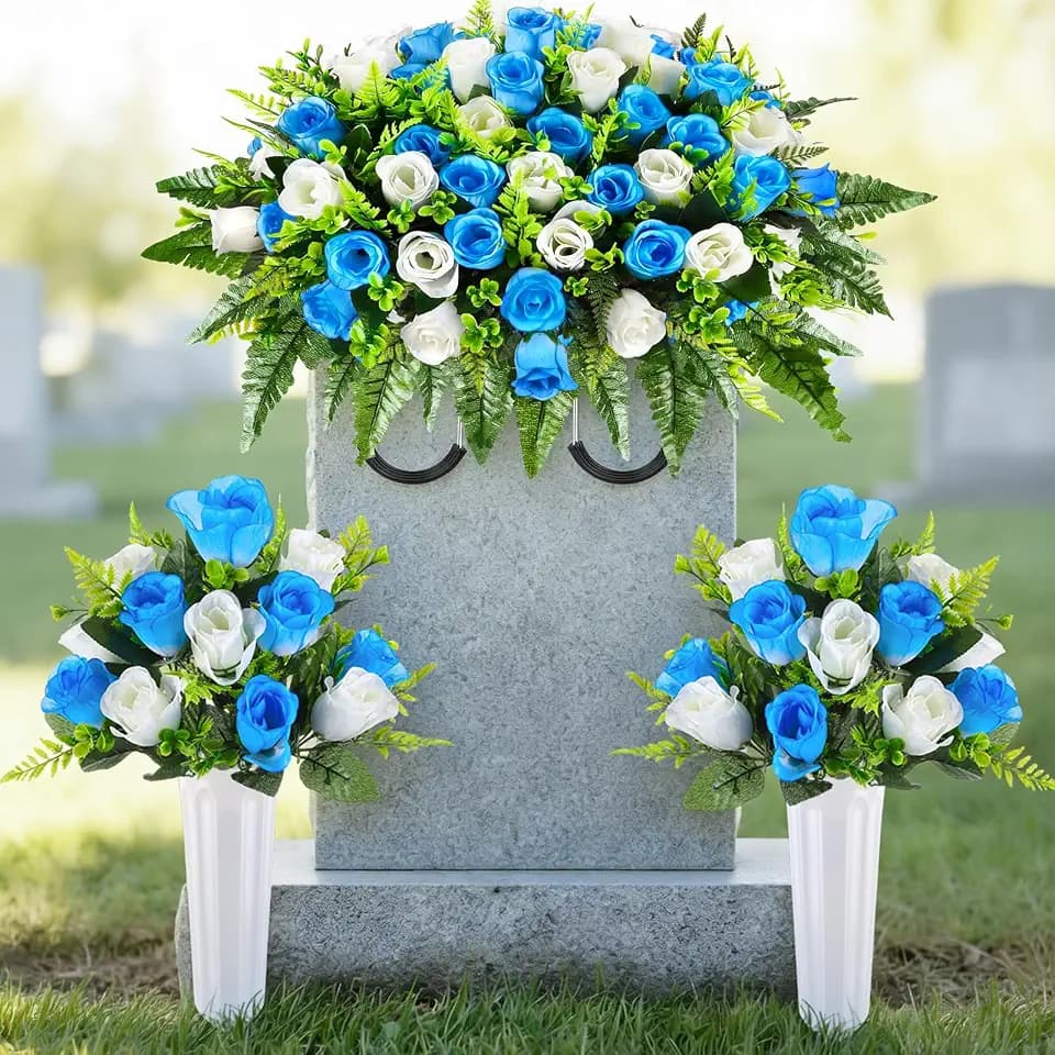 Janinka 3 Pcs Artificial Cemetery Flowers for Grave Set 19.7"x13.8" 1 Headstone Flower Saddle 2 Cemetery Flower with Vase Tombstone Rose Bouquet for Outdoor Gravesite Decor(Blue, White)
