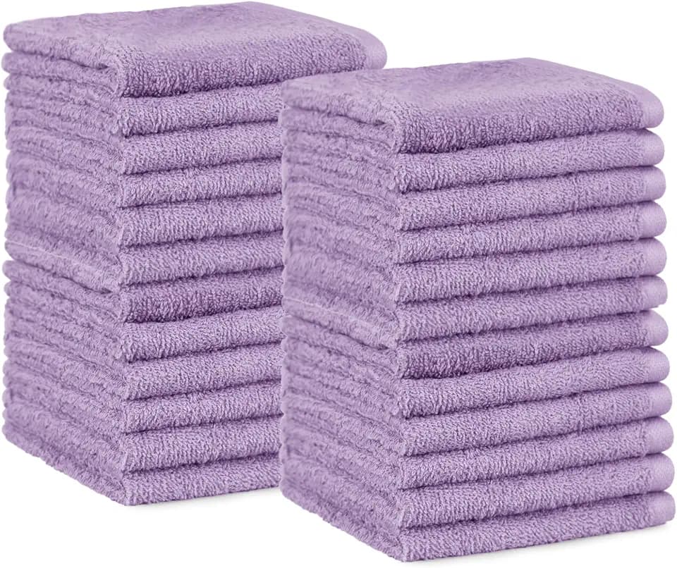Amazon Basics Highly Absorbent, Fast Drying 100% Cotton Washcloths for Bathroom, Machine Washable, 12 x 12 inches, Lavender, 24-Pack