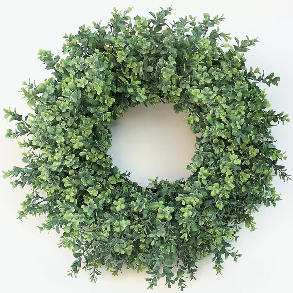 26" Artificial Boxwood Wreath Fake Plant for Front Door Decor (Green)
