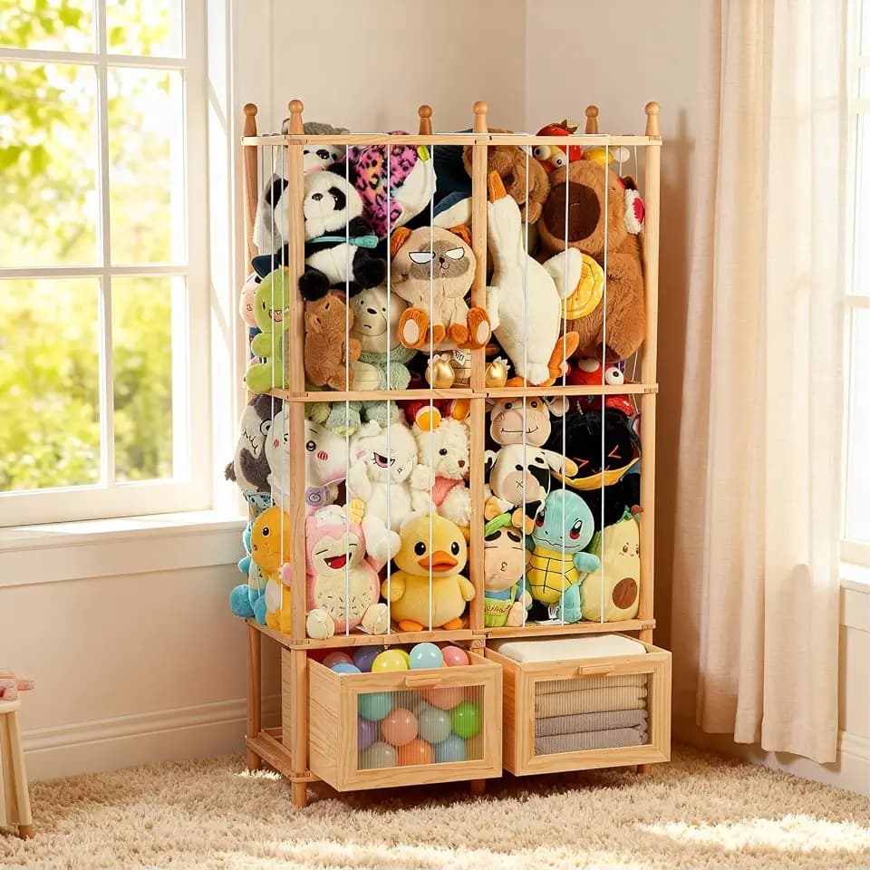 Stuffed Animal Storage with Two Wooden Drawers, 280L Extra Large Capacity Plush Toy Organizer Tower, Solid Wood Stuffed Animal Zoo Storage for Bedroom, Playroom&Home Organization