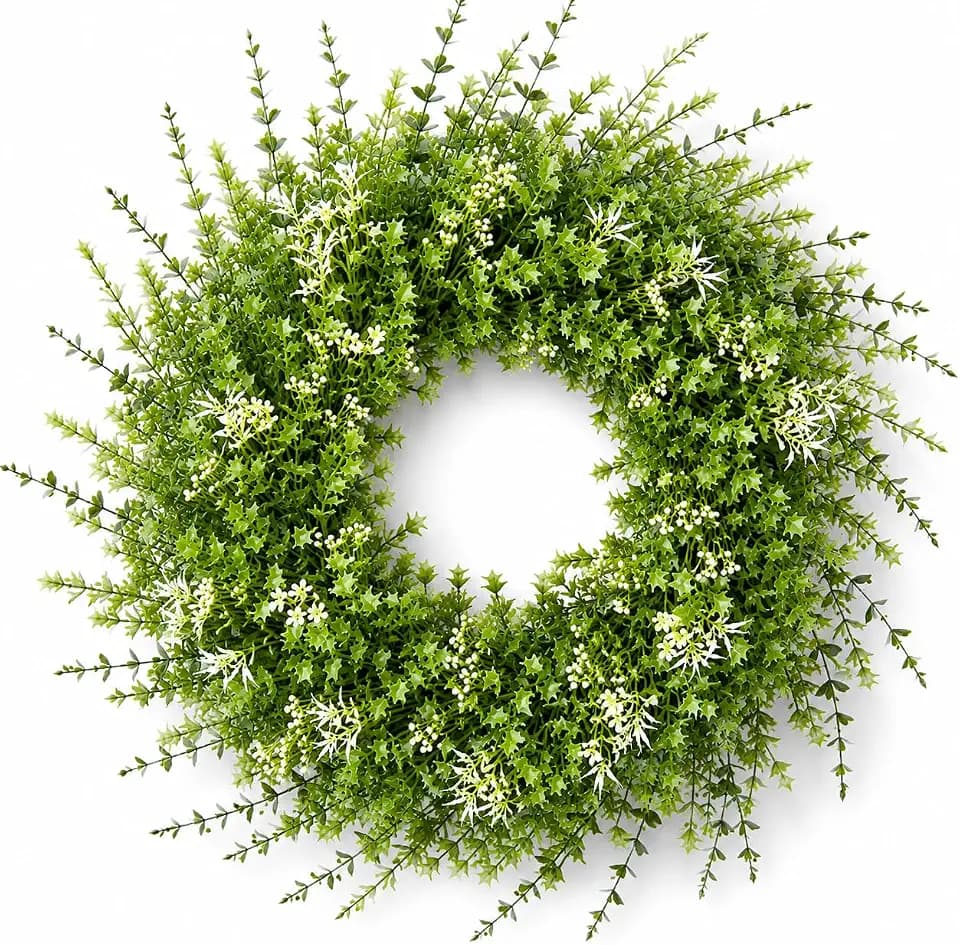 26 Inch Artificial Boxwood Wreath with White Flowers, Large Greenery Wreath