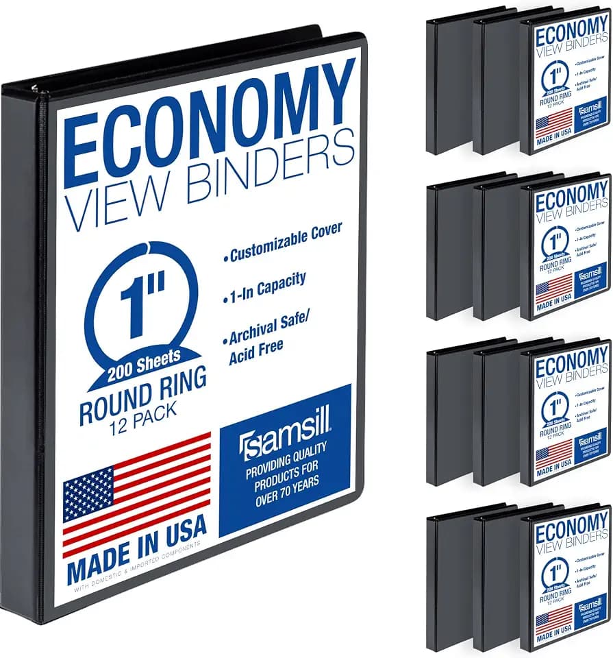 Samsill 1 Inch 3 Ring Binders, Economy Round Ring, Clear View Cover, 200 Sheet Capacity - for School, Home, Office - Black, 12 Pack