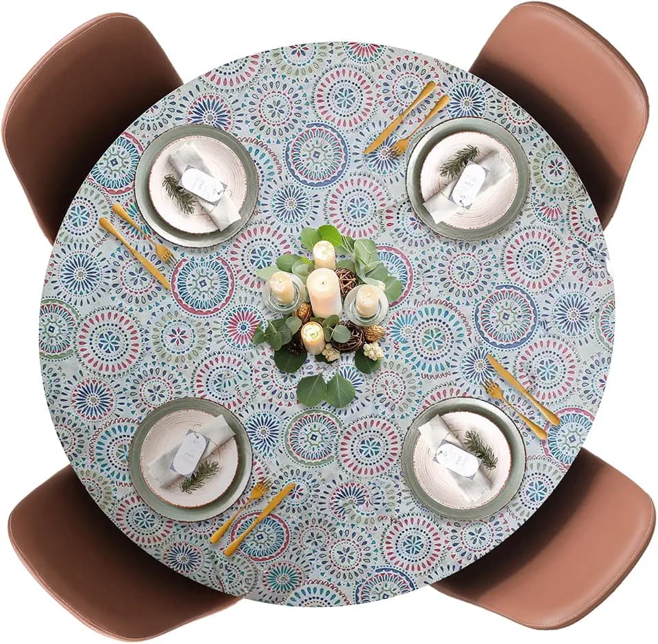 Covers For The Home Deluxe Elastic Edged Flannel Backed Vinyl Fitted Table Cover - Multi-Color Geometric Medallion Pattern - Large Round Oblong Oval - Fits Tables up to 45" - 56" Diameter