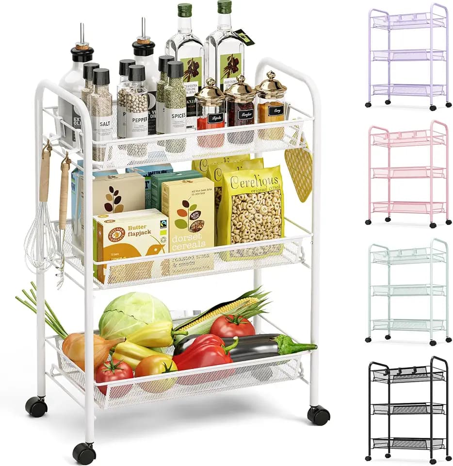 TOOLF 3 Tier Rolling Cart, Metal Utility Storage Cart with Wheels, White