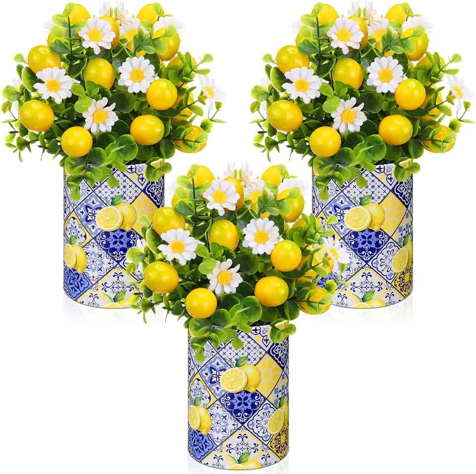 Retrowavy 3 Set Lemon Centerpieces for Tables Blue Tiles with Artificial Branche Paper Vase Amalfi Coast Cylinder Flower Capri Mediterranean Display for Italian Summer Baby Shower Birthday Party Decor