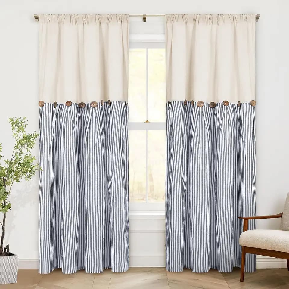 ASPMIZ Cotton Linen Farmhouse Curtains Boho Rustic Button Drapes, Linen Window Curtain Panels, Blue Stripe Country Curtain for Living Room, Modern Back Tab Blackout Curtains 52 x 84 Inch, 2 Panels