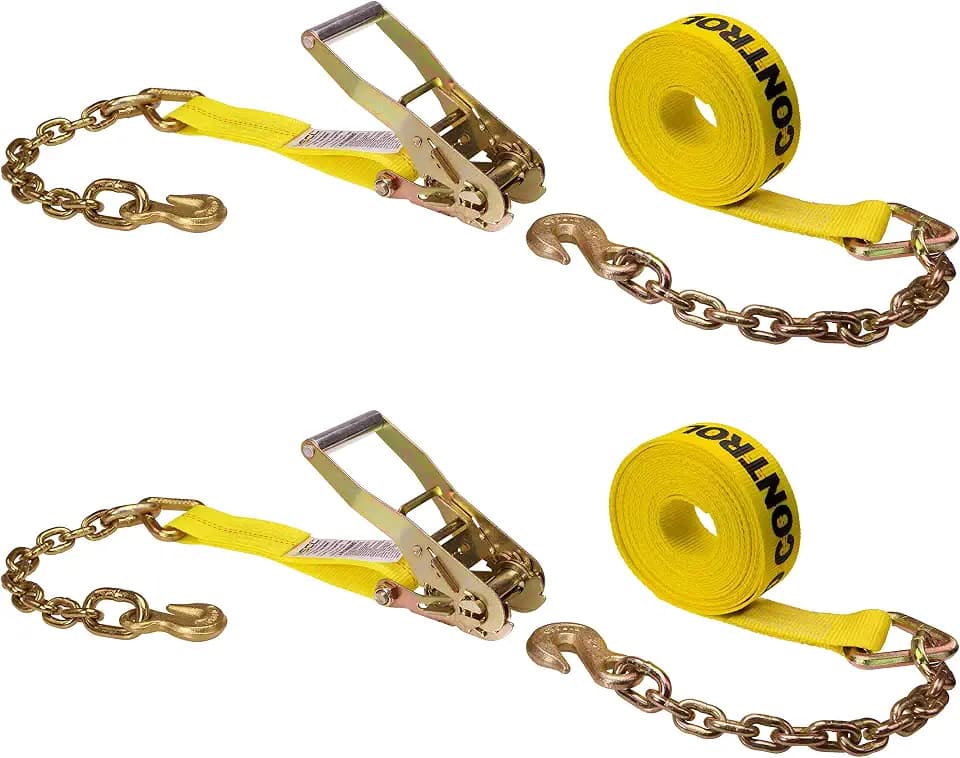 US Cargo Control Chain Ratchet Straps, 2 Inch x 27 Foot (2-Pack), 10,000 LBS Break Strength, Heavy Duty Ratchet Straps with Chains Ends & Grab Hooks, Flatbed Straps with Chains for Heavy Equipment