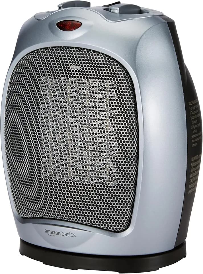 Amazon Basics Oscillating Ceramic Portable Indoor Space Heater, Fast Heating Technology, Overheat and Tip-Over Protection, Adjustable Thermostat, 1500W, 7.52"D x 6.34"W x 9.45"H, Silver