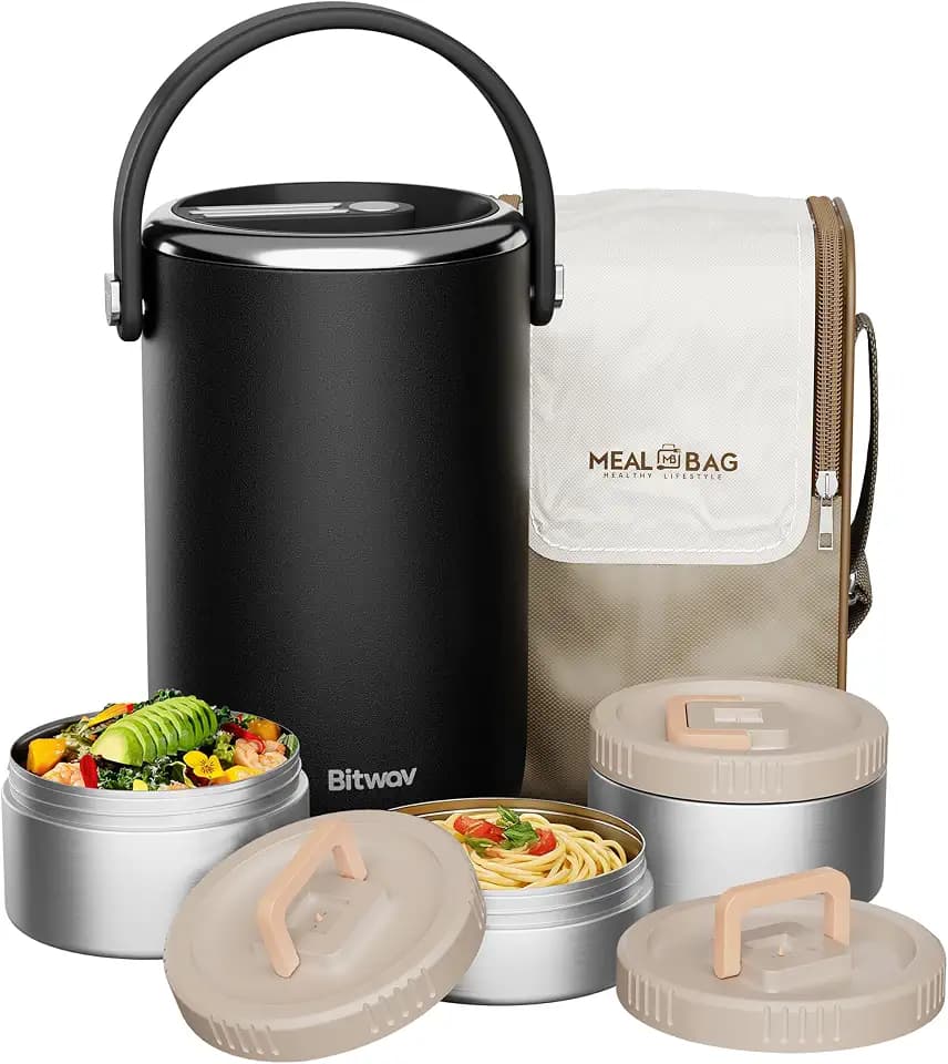 86oz Stainless Steel Vacuum Insulated Food Jar for Hot & Cold Food, Portable 3 Tier Stackable Bento Lunch Box, Wide Mouth Soup Thermos for Adults with Insulated Bag (Black, 86 Ounces)