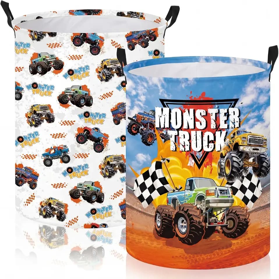 2 Pcs Monster Truck Laundry Hamper Basket Monster Truck Room Decor 17.32 x 13.78 Inch Round Collapsible Toy Storage Organizer Clothes Basket with Waterproof Layer for Closet Bedroom Playroom