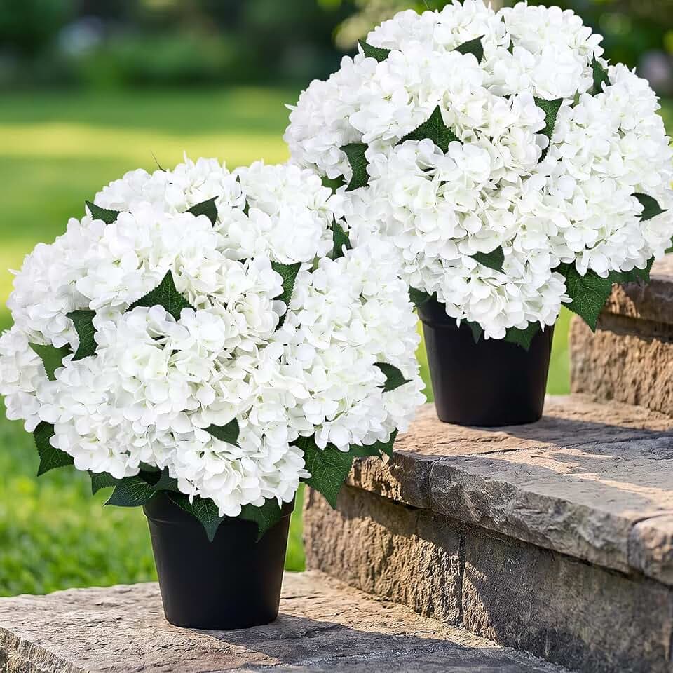 2 Pack Artificial Flowers Potted for Outdoor - White