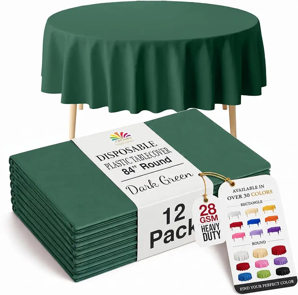 Exquisite 12-Pack Premium Plastic 84-Inch Round Tablecloth - Dark Green