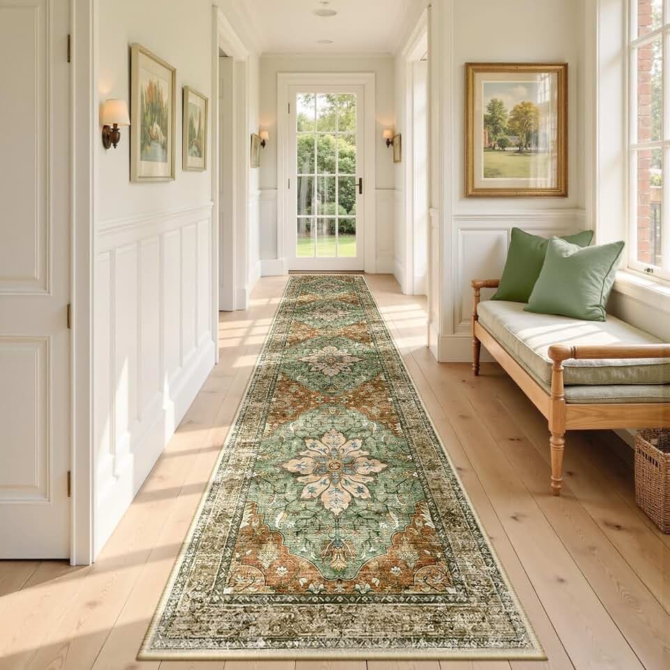 RELEANY Washable Area Rug, Runner 2'6"x10', Brick/Brown/Green