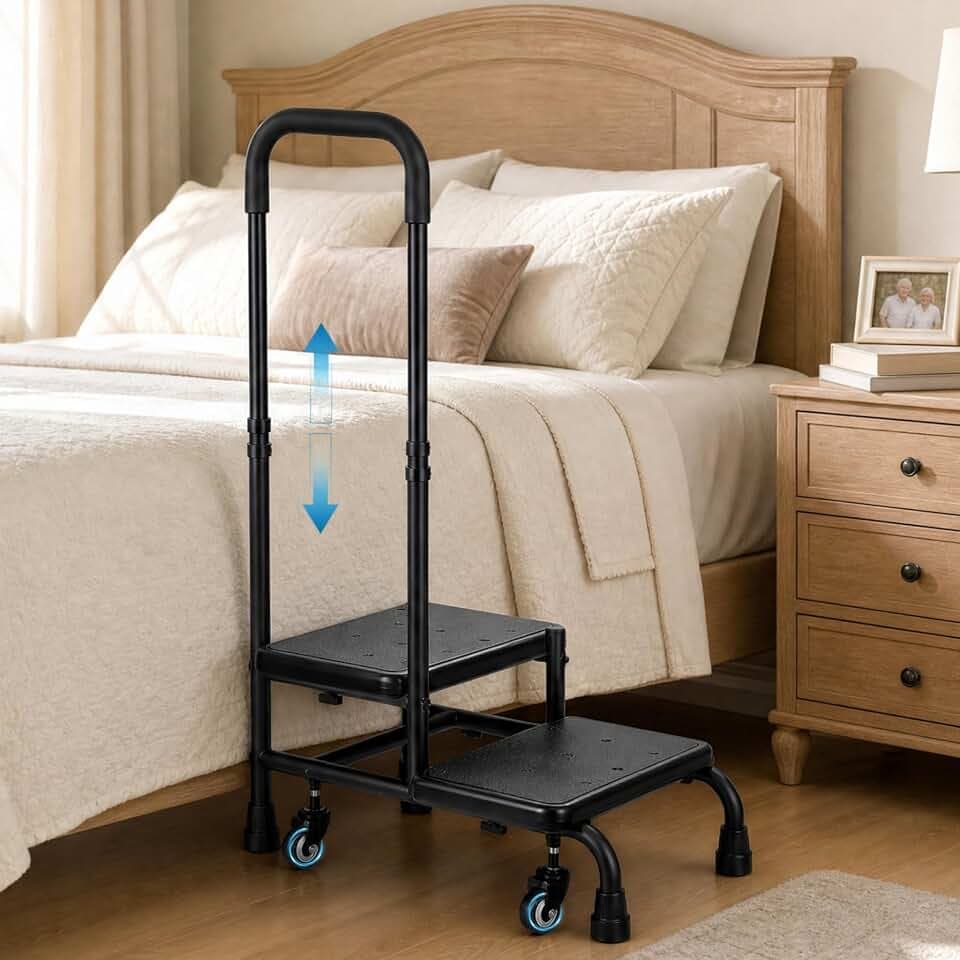 2 Step Stool with Handle & Wheels, Safe & Non‑Slip for Seniors and Adults