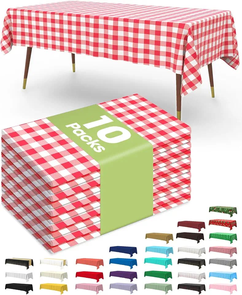 Pureegg Plastic Table Cloth Disposable 54x108 Inch 10 Pack, Red Plaid