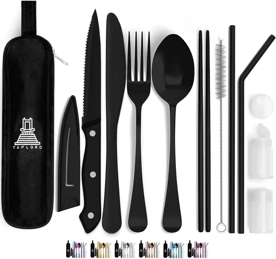 Travel Utensils With Case, 10 Pcs portable silverware set (Black)
